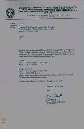 Surat dari BP-7 Propinsi DIY tertanggal 28 Juli 1998, tentang perubahan waktu penyelenggaraan rap...