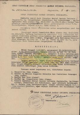 Surat keputusan Dewan Pemerintah DIY Nomor : 55/D/OP.PA tentang mulai tanggal 1 Oktober 1947 meng...