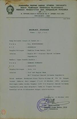 Surat tugas BP-7 Propinsi DIY tertanggal 12 Oktober 1993 atas nama Bambang Purwanto dalam rangka ...