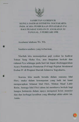 Sambutan Gubernur Kepala Daerah Istimewa Yogyakarta pada acara Pembukaan Penataran P4 bagi Pejaba...