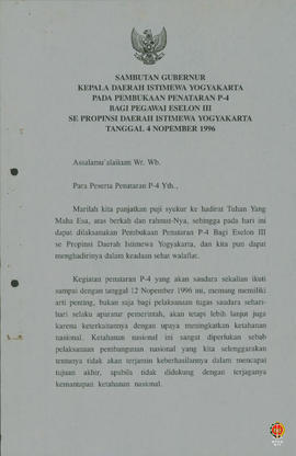 Teks Sambutan Gubernur Kepala DIY pada upacara pembukaan penataran P4 bagi Pegawai Eselon III se ...