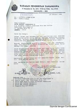 Surat dari Panitera Yayasan Penerbitan Tamansiswa Yogyakarta kepada Menteri Penerangan Republik I...