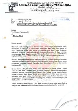 Surat dari Lembaga Bantuan Hukum Yogyakarta tentang permohonan bantuan supaya diproses sebagai Pa...