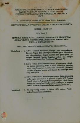    Surat Keputusan No: 188.43/1301 tentang Petunjuk Teknis Penyelenggaraan Lomba Seni Tradisiona...