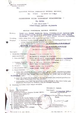 Keputusan Menteri Penerangan Republik Indonesia Nomor : 050/SK/DPHM/SIT/1965 tentang Pemberian Iz...