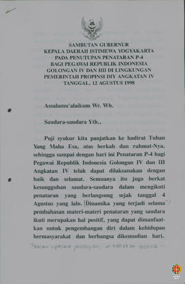 Sambutan Gubernur Kepala Daerah Istimewa Yogyakarta pada Penutupan Penataran P4 Bagi Pegawai Repu...