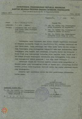 Surat dari Pjs. Kepala Kantor Wilayah Departemen Transmigrasi DIY kepada Kepala Kantor Departemen...