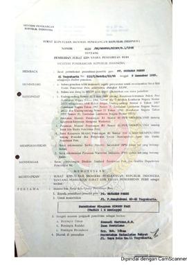 Surat Keputusan Menteri Penerangan Republik Indonesia Nomor : 0135/SK/MENPEN/ SIUPP/B.1/1986 tent...