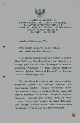 Teks Sambutan Gubernur Kepala Daerah Istimewa Yogyakarta pada penutupan penataran P4 bagi Pegawai...