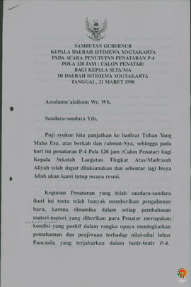 Teks sambutan Gubernnur Kepala Daerah Istimewa Yogyakarta pada upacara pembukaa penataran P4 pola...