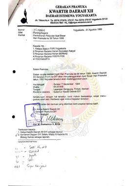 Surat dari Kwartir Daerah XII Gerakan Pramuka Daerah Istimewa Yogyakarta Kepada Kepala Kantor Wil...