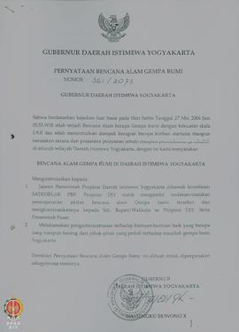 Surat Pernyataan Bencana Alam Gempa Bumi Gubernur Daerah Istimewa Yogyakarta Nomor : 361/2073 yan...