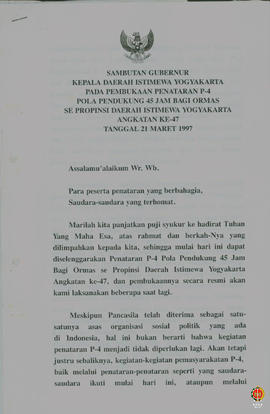 Teks Sambutan Gubernur Kepala DIY pada Pembukaan Penataran P4 Pola Pendukung 45 Jam bagi Organisa...