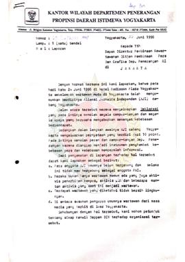 Surat dari Kepala Kantor  Wilayah Departemen  Penerangan Provinsi Daerah Istimewa Yogyakarta kepa...