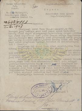 Surat dari Corps Mahasiswa Pusat Nomor : 152/CM/Sec/47 kepada Pemerintah Pakualaman, perihal ruan...
