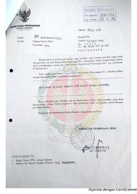 Surat dari Direktur Pembinaan Pers Departemen Peneranga Republik Indonesia kepada Pemimpin Umum M...