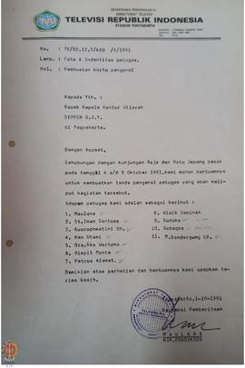 Surat dari Direktur Televisi Televisi Republik Indonesia Yogyakarta kepada Kepala Kantor Wilayah ...