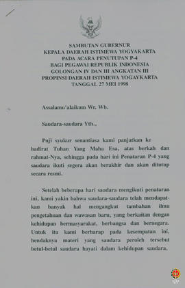 Teks Sambutan Gubernur Kepala Daerah Istimewa Yogyakarta pada acara penutupan P4 bagi Pegawai RI ...