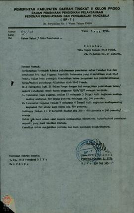 Surat dari Kepala BP-7 Kabupaten Daerah Tingkat II Kulon Progo untuk Kepala BP-7 Pusat No 893/138...