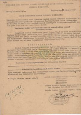 Surat Keputusan Dewan Pemerintah DIY Nomor : 29/D.Pem.D/op-pa tanggal 26 Djuli 1947 kepada Kantor...