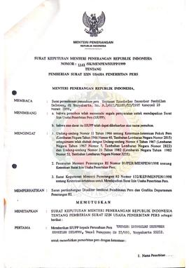 Surat Keputusan Menteri Penerangan Republik Indonesia Nomor : 1141/SK/MENPEN/ SIUPP/1966 tentang ...