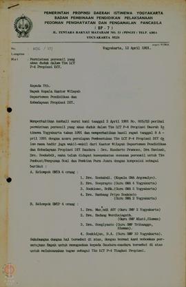 Surat dari BP-7 Propinsi DIY tertanggal 12 April 1991 mengenai permohonan personil Tim dalam Lomb...