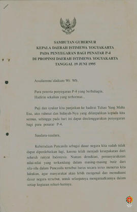 Teks sambutan Gubernur Kepala Daerah Istimewa Yogyakarta pada penyegaran bagi penatar P4 di Provi...