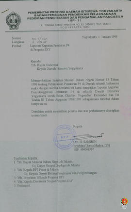 Surat dari Kepala BP7 Propinsi DIY kepada Gubernur Kepala DIY perihal laporan kegiatan penataran ...
