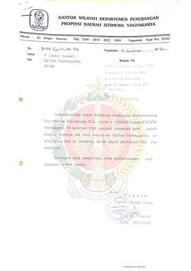 Surat dari Kantor Wilayah Departemen Penerangan Daerah Istimewa Yogyakarta kepada Ketua Persatuan...