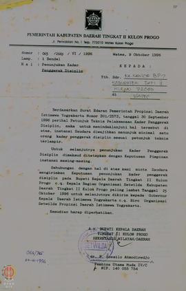 Surat dari Bupati Kepala Daerah Tingkat II Kulon Progo untuk Kepala   Kantor   BP-7   Kabupaten  ...