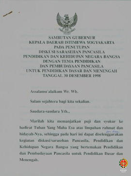 Teks Sambutan Gubernur Kepala Daerah DIY pada acara penutupan diskusi sarasehan Pancasila, Pendid...