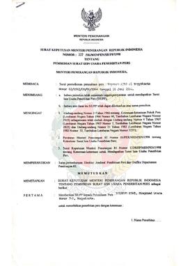 Surat Keputusan Menteri Penerangan Republik Indonesia Nomor : 337/SK/MENPEN/ SIUPP/1998 tentang p...