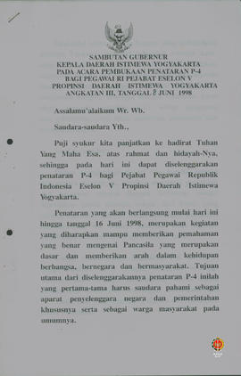Teks Sambutan Gubernur Kepala DIY pada acara pembukaan penataran P4 bagi Pegawai RI Pejabat eselo...