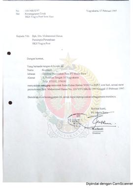 Surat dari PT. Muria Baru kepada Bpk. Drs. Muh Harun Pemimpin Perusahaan Surat Kabar Harian Yogya...
