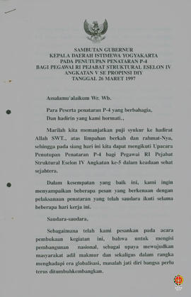 Teks Sambutan Gubernur Kepala DIY pada penutupan penataran P4 bagi pegawai RI Pejabat Struktural ...