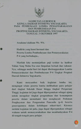 Teks sambutan Gubernur Kepala DIY pada pembukaan lomba Pemasyarakatan dan Pembudayaan P-4 Propins...