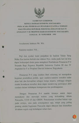 Teks Sambutan Gubernur Kepala DIY pada penutupan penataran P4 terpadu bagi Pegawai RI Eselon III ...