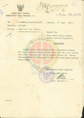 Pemberitahuan surat dari Mr. P.W. Jalink Kedubes Belanda kepada Sri Sultan Hamengku buwono IX