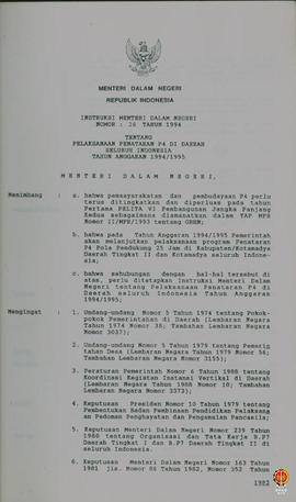 Instruksi Menteri Dalam Negeri No. 28 Tahun 1994 tentang pelaksanaan penataran P4 di daerah selur...