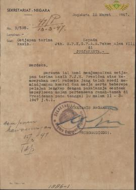 Sekeretariat Negara RI kepada Paku Alam VIII tanggal  12 Maret 1947, perihal ucapan terimakasih k...