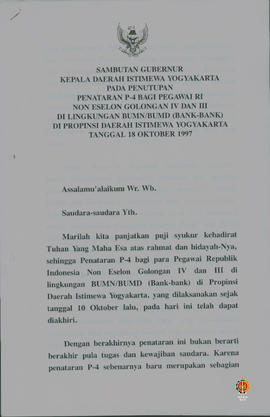 Teks Sambutan Gubernur Kepala Daerah Istimewa Yogyakarta pada penutupan Penataran P4 bagi Pegawai...