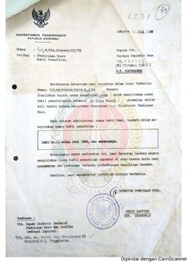 Surat dari Direktur Pembinaan Pers Departemen Penerangan Republik Indonesia kepada Pemimpin Umum ...