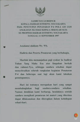 Teks sambutan Gubernur Kepala Daerah Istimewa Yogyakarta pada penutupan penataran P4 pola 120 jam...