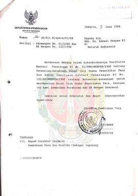 Surat dari Direktur Pembinaan Pers Departemen Penerangan Republik Indonesia kepada Kepala Kantor ...