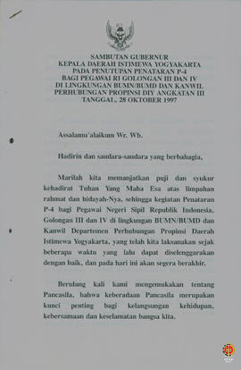 Teks Sambutan Gubernur Kepala DIY pada penutupan Penataran P4 bagi Pegawai RI gol. III dan IV di ...