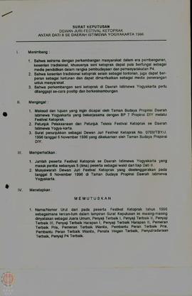Surat Keputusan Dewan Juri Festival Ketoprak antar dari II se Daerah Istimewa Yogyakarta tahun 19...