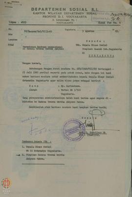 Surat permohonan atas nama Ny. Kartoutomo, alamat Terban Yogyakarta untuk mendapatkan penyantunan...