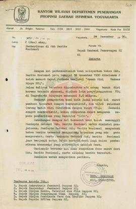 Surat dari Kepala Kantor Wilayah Departemen Penerangan Daerah Istimewa Yogyakarta kepada Menteri ...