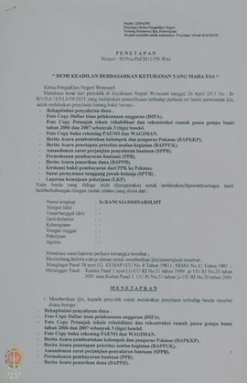 Surat Penetapan Nomor : 95/Pen.Pid/2011/PN.Wns dari Ketua Pengadilan Negeri Wonosari perihal tent...