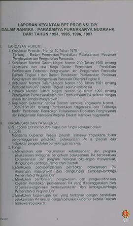 Laporan Kegiatan BP-7 Prop DIY dalam rangka Parasamya Purnakarya Nugraha dari Tahun 1994 s.d 1997.